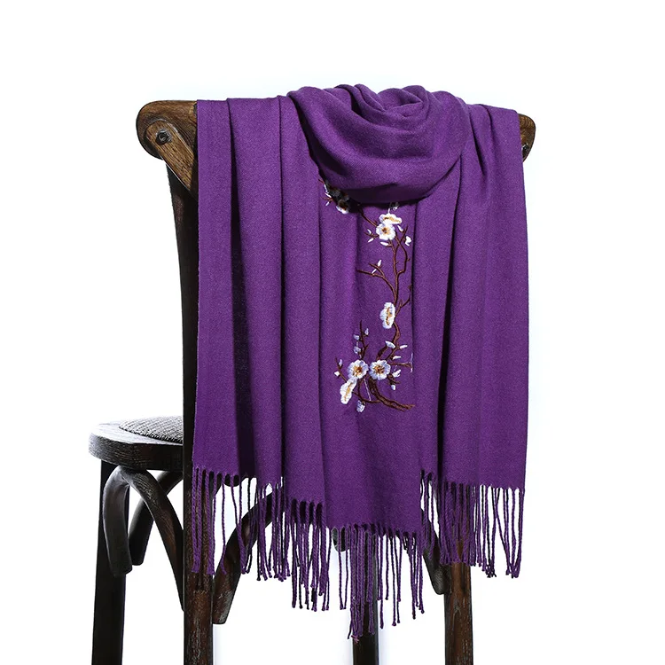 

2021 New Winter Warm Solid Scarf For Women/Lady Soft Wool Pashmina Shawls Flower Embroidery Cashmere Female Wraps Capes Flower