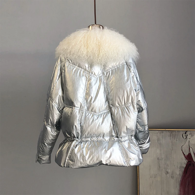 

Women's Winter Silver White Duck Down Jacket Glossy New 2019 Big Real Fur Collar Pink Blue Warm Parkas For Female Short Coats