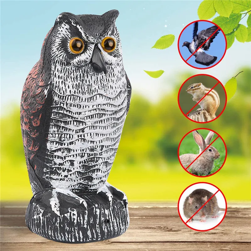 

Outdoor Owl Decoy Bird Repellent Pest Control with Flashing Eyes Frightening Sounds Garden Protector Decoration