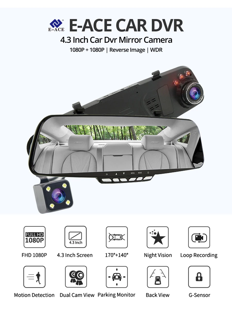 E-ACE Зеркало для автомобиля Dvr 1080P FHD видеорегистратор 4,3 дюймов зеркало заднего вида двойной объектив видео регистратор с камерой заднего вида Dvrs