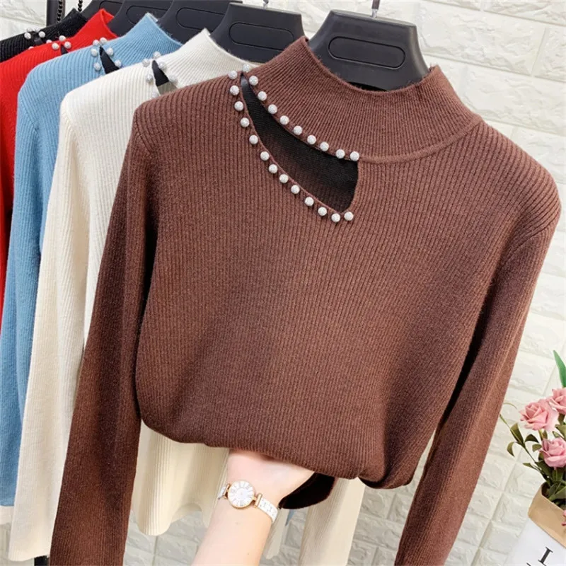 

Women autumn winter knitted sweaters hollow mesh long sleeve elasticity sweaters beaded casual bottoming sweaters pullovers 3140
