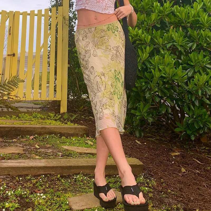 

Y2K Floral Printed Straigh Skirts Vintage Chic Summer A Line Harajuku 2021Green Low Waist Elegant Midi Skirt Women