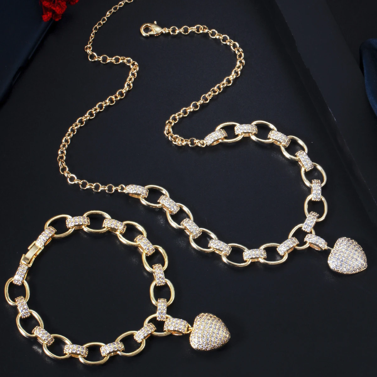 

ThreeGraces роскошный кубический цирконий камень желтое золото цвет сердце любовь кулон ожерелье браслет набор для женщин вечерние ювелирные из...