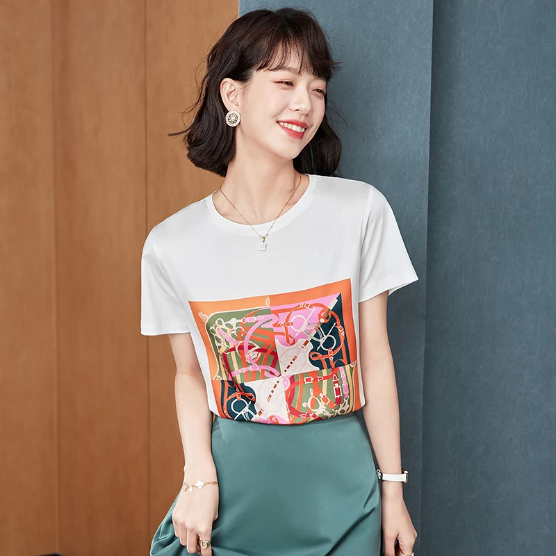 

New Fashion Temperament Summer Mulberry Silk Top 2021 Round Neck Silk Short-sleeved Female Printed Satin Casual T-shirt GL214