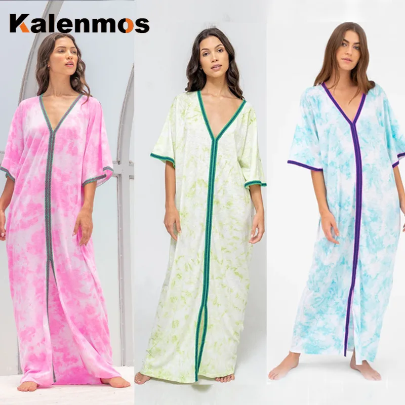 

Женское мусульманское платье-хиджаб с принтом Tie Dye, марокканский кафтан, богемный пляжный сарафан, исламское турецкое макси, вечерние плать...