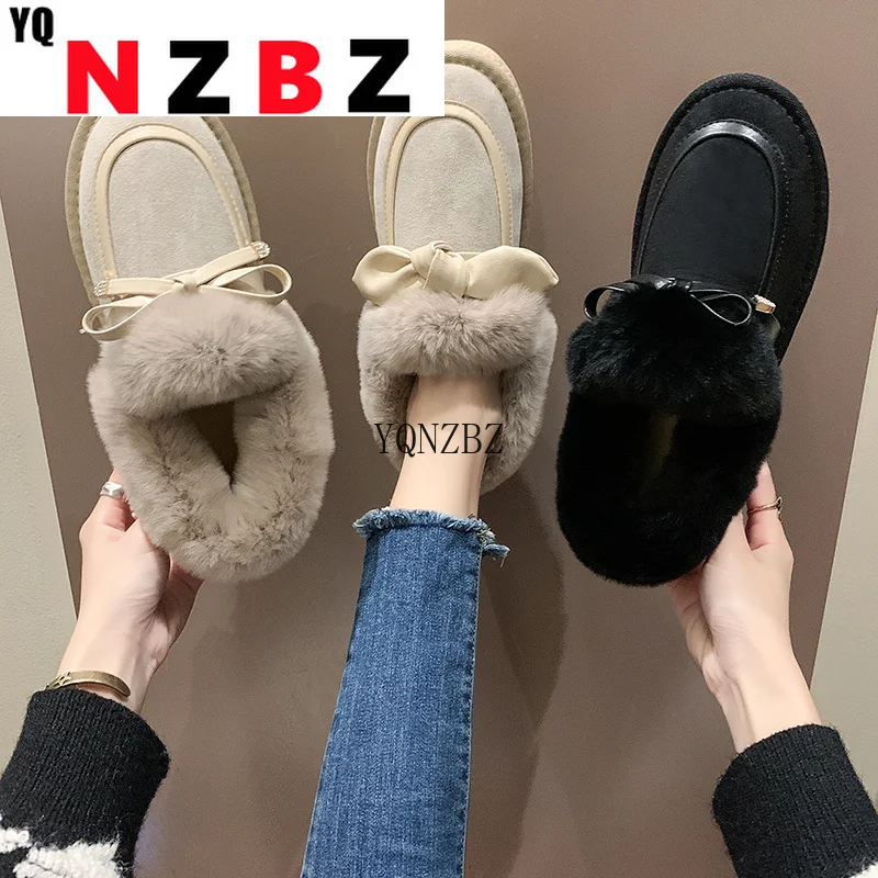 

2022 Butterfly-Knot Fur Loafers Women Winter Warm Plush Shoes for Women Size 35-40 Ballerina Moccasins Furry Pregnant Flats
