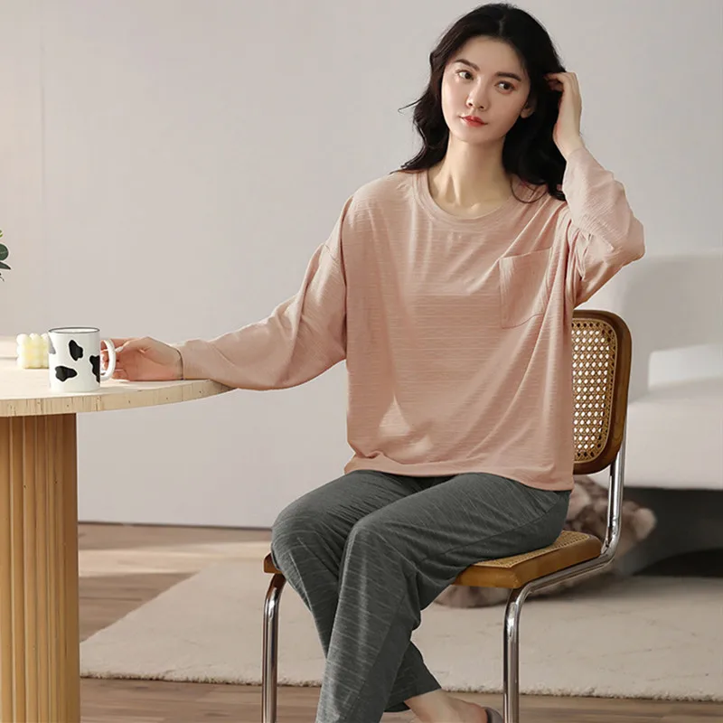 5XL 4XL M-3XL Comfortable Cotton Pajamas Women Korean Fall Winter Home Clothes Long Sleeve Bottoming Shirt + Pant 2 Pieces Set