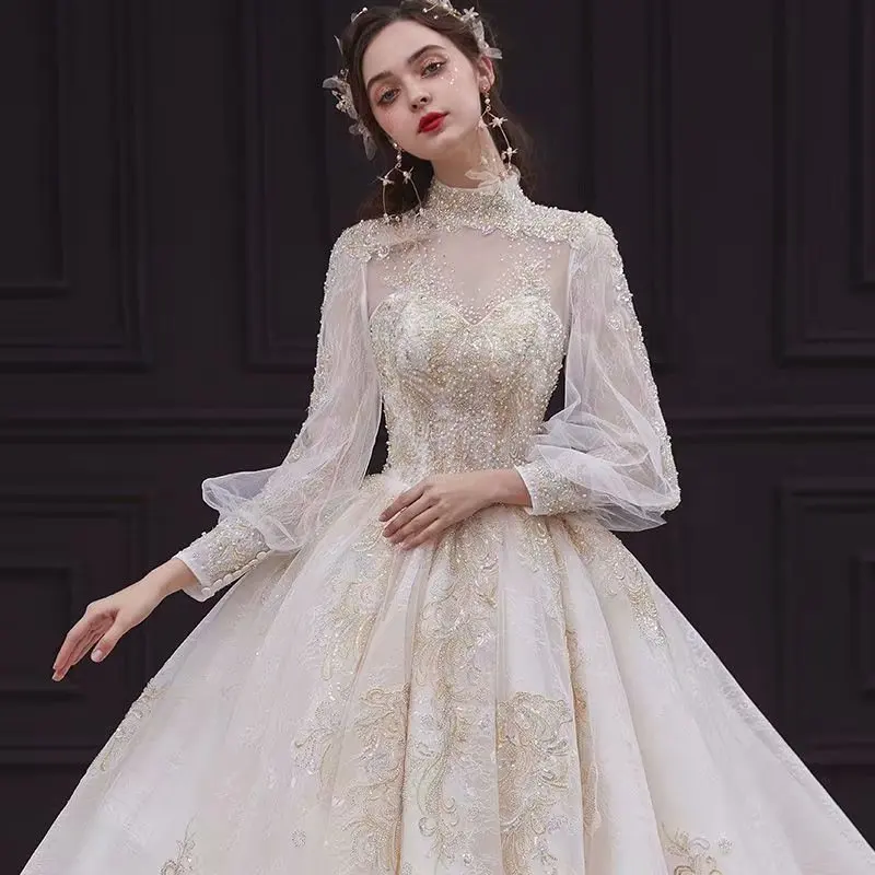 

Vestido De Novia Wedding Dress Vestido De Festa Appliques A-Line Weep Train Dress Lace Style Long Sleeves