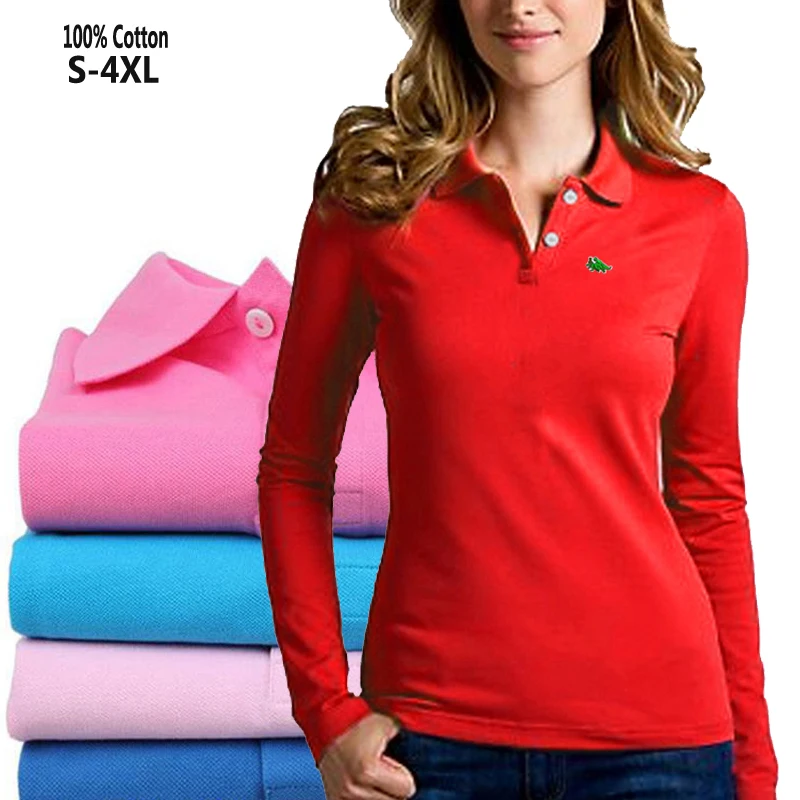 Женская рубашка поло с длинным рукавом 100% хлопок вышивкой|Футболки-поло| |