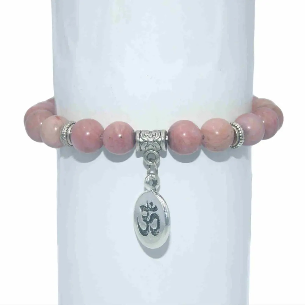 Rhodonite Stone 8 мм натуральный камень Ом бусины лазурит Агаты бусины с тигровым глазом браслеты для женщин мужчин Йога чакра мала Шарм браслет ювелирные изделия - Окраска металла: Rhodonite Stone