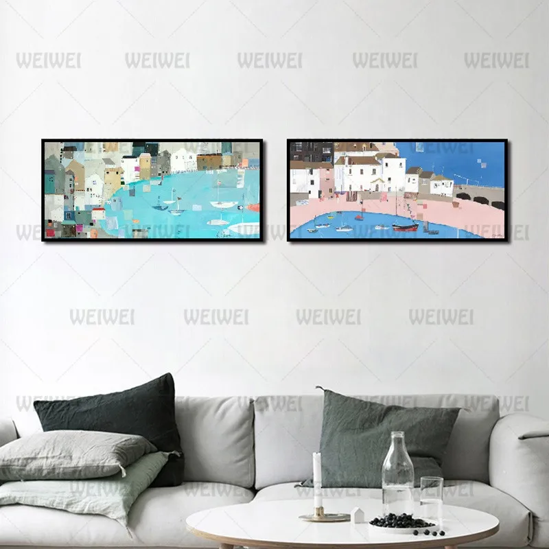 Абстрактный постер с изображением Парусников и белых домов на море бассейне