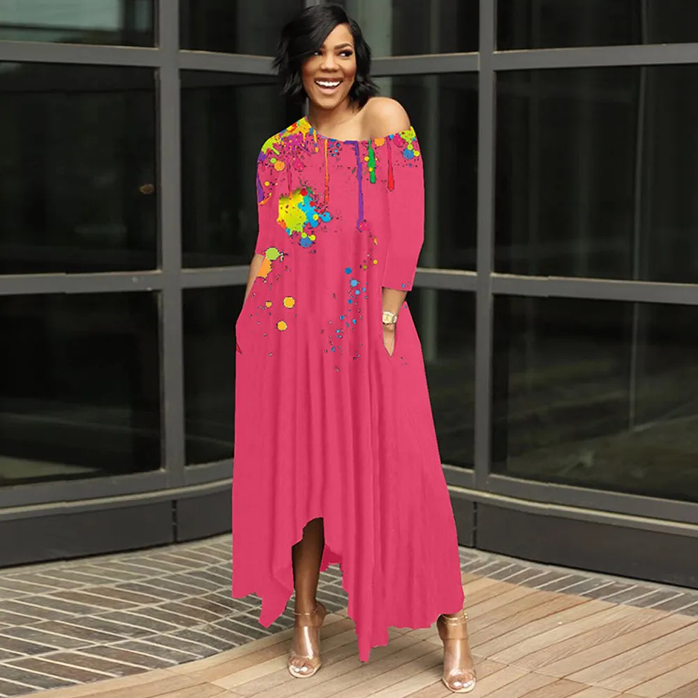 

Чернильную крапинку с принтом Летние Плиссированные Макси платье для женщин на одно плечо с длинными рукавами праздничные платья для девоч...