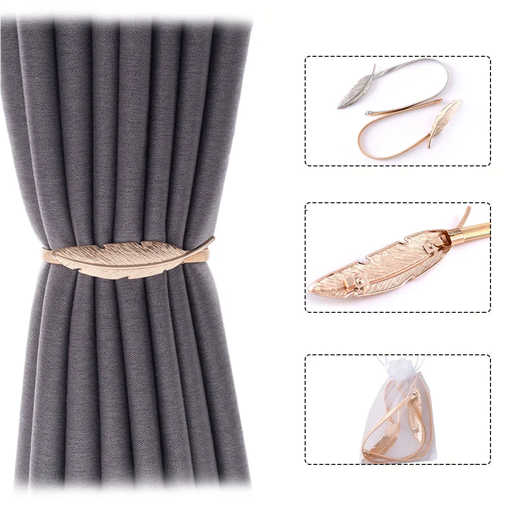 

11cm New Leaf Elastic Curtain Bandage Golden Silver Luxury Feather Crafts Modern Non-perforated Buckle Belt Home Decoration Gift