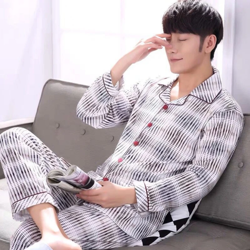 

2021 Summer Casual Striped Cotton Pajama Sets for Men Short Sleeve Long Pants Sleepwear Pyjama Male Homewear Lounge Wear Clothes