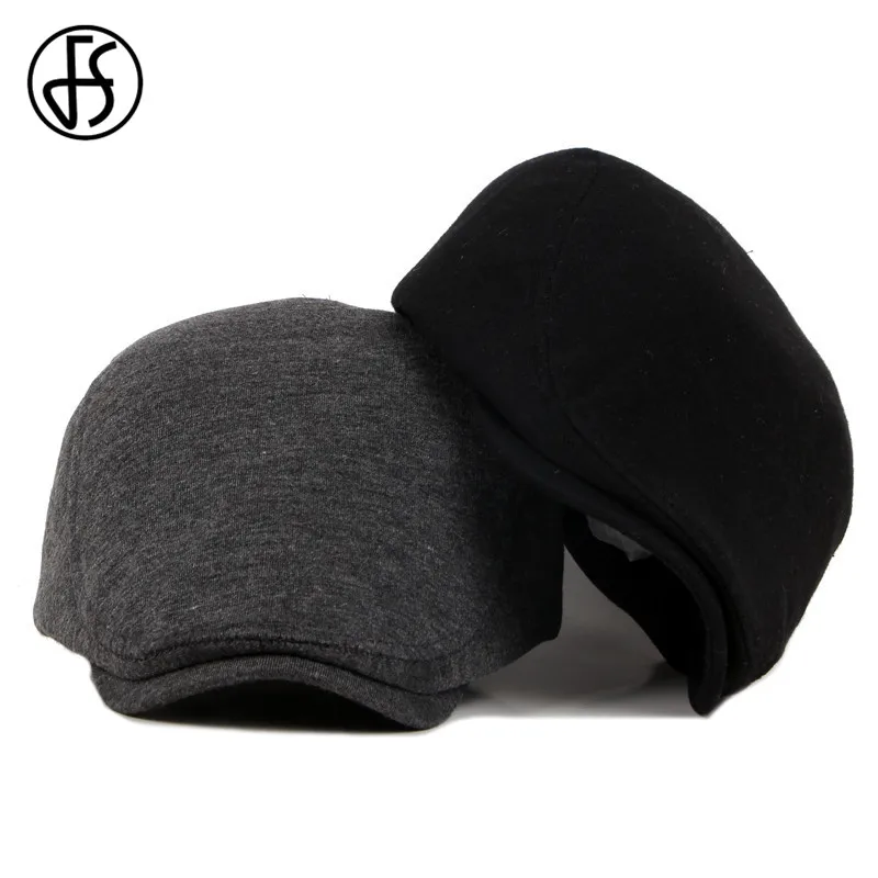 

FS Beret Cap For Men Women Autumn Winter Black Cotton Hat Adjustable Ivy Newsboy Flat Cap Cabbie Solid Knitted Hat Berets