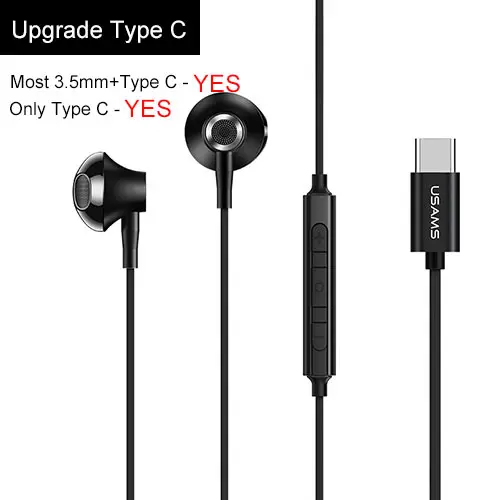 Upgrade Black Type C USAMS наушники-вкладыши 3,5 мм/type C металлические Hifi микрофон с проводной гарнитурой 4D стерео проводные наушники для iPhone 6S se samsung Xiaomi - Цвет: Upgrade Black Type C
