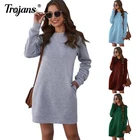 Модное женское платье-свитшот с круглым вырезом и длинным рукавом, новинка 2021, серое однотонное свободное женское мини-платье с карманами, Осень-зима