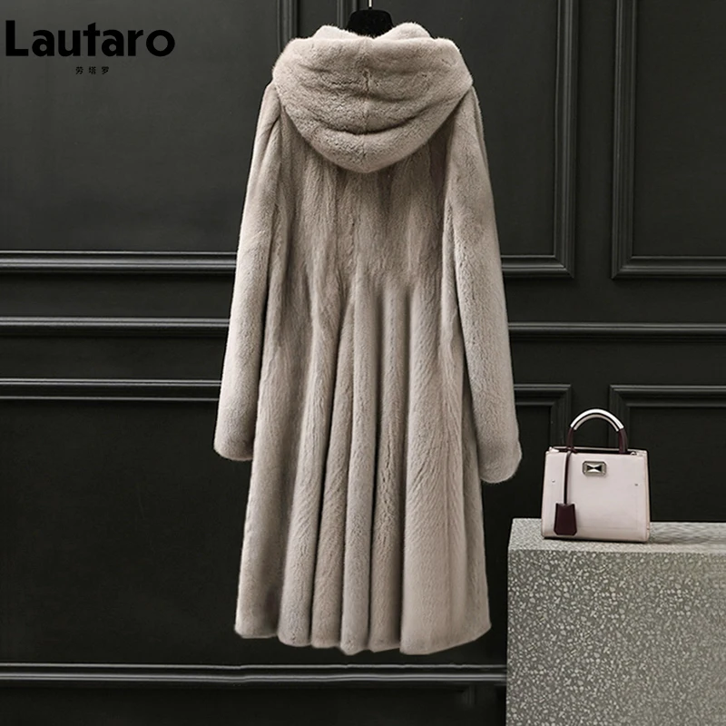 

Lautaro Winter Long Fluffy Warm Thick Skirted Faux Mink Fur Coat Women with Hood Elegant Luxury Maxi Furry Overcoat 2021 Fashion