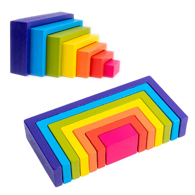 

Coloful Square Rainbow Building Blocks Children Wooden Stacking Montessori Early Learning Educational Assembled Toys For Kids