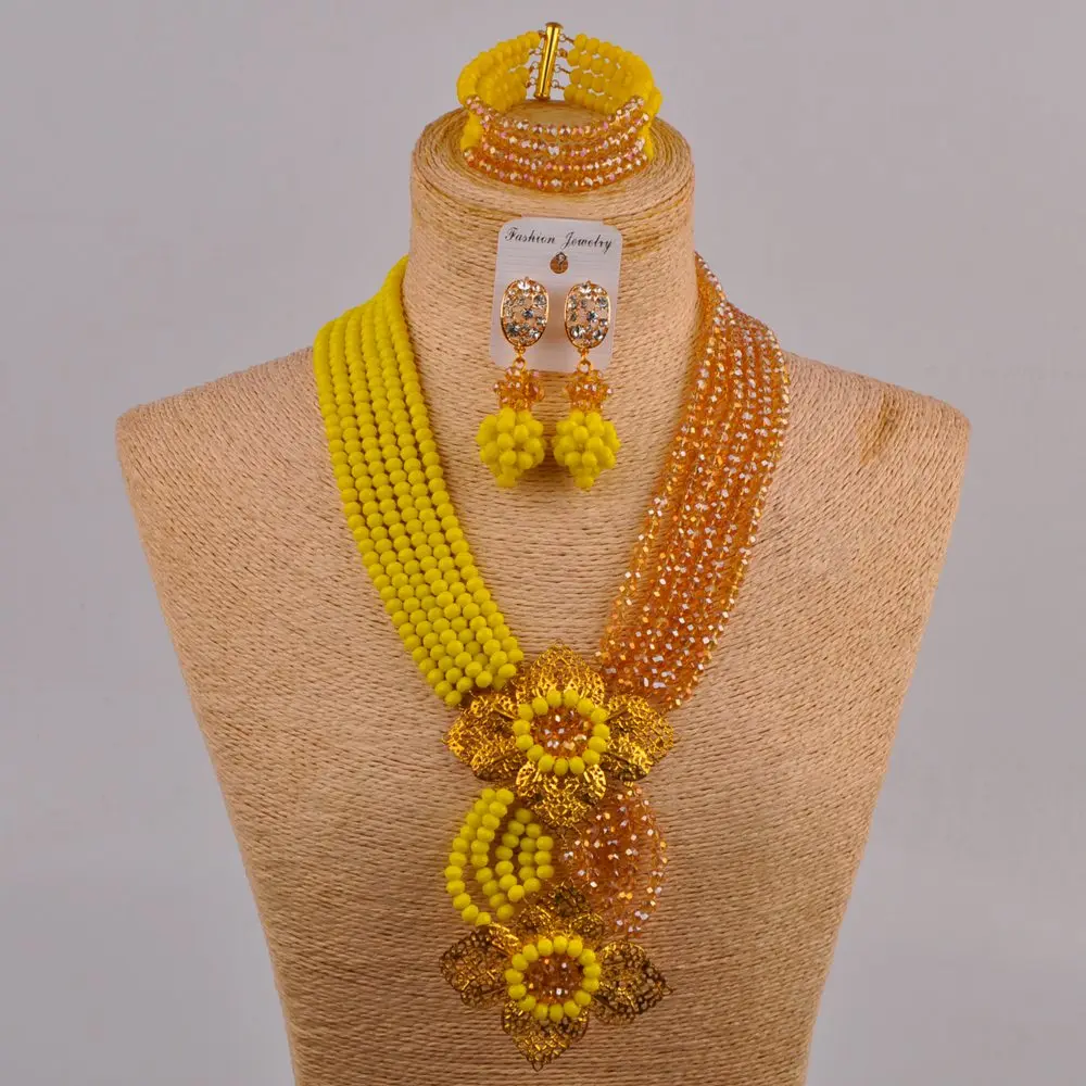 

Opaque Yellow Champagne Gold AB Nigerian Wedding Beads Costume African Jewelry Set Necklaces for Women 6CHL