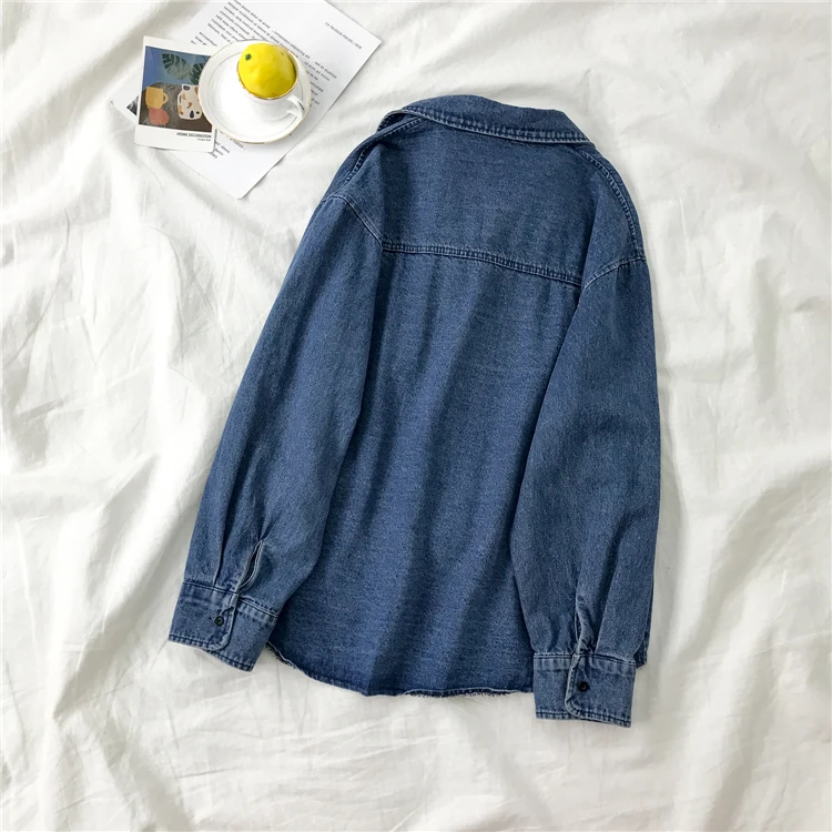 

2021 spring style Korean loose long-sleeved denim shirt Women's mid-length simple retro denim shirt cardigan casual jacket Women