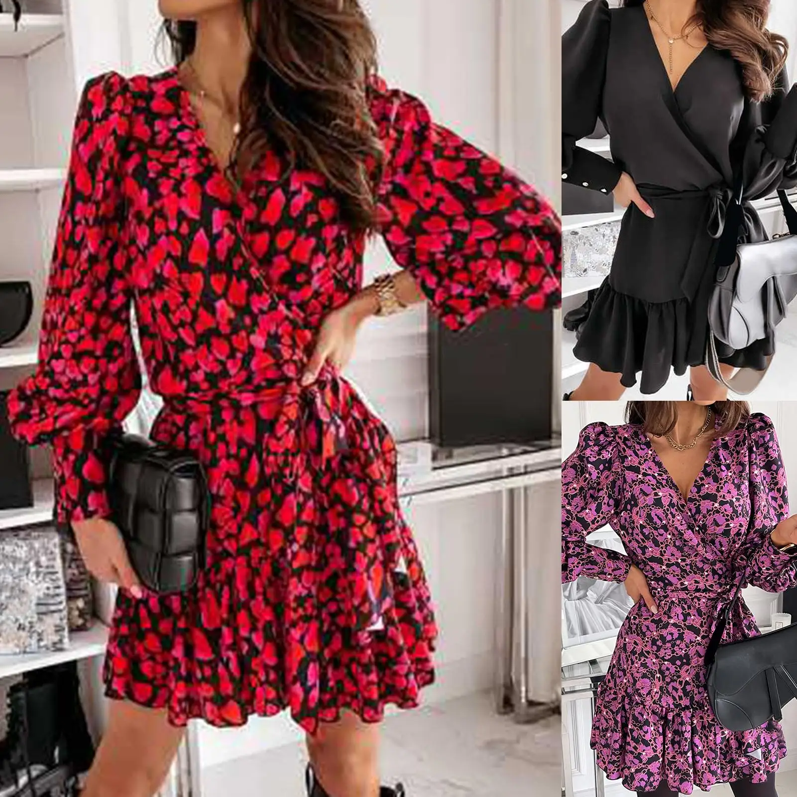 

Новое Стильное женское сексуальное однотонное платье-трапеция с длинными рукавами-фонариками/принтом, оборками на Подоле и поясом для отды...