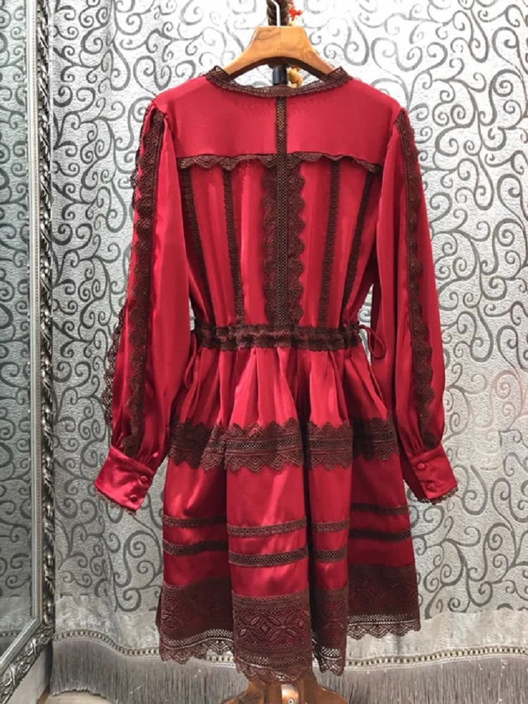 

New High Quality 2021 Spring Celebrity Party Women's Dress Appliques Lace Patchwork Drawstring Waist Long Sleeve A-Line Dress