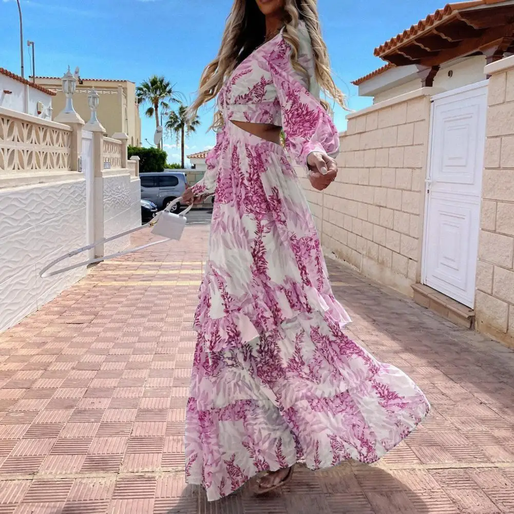 

Sexy Criss-cross Hollow Out Boho Long Dress Women Deep V Neck Ruffle Party Dress 2021 Spring Summer Long Sleeve Maxi Beach Dress