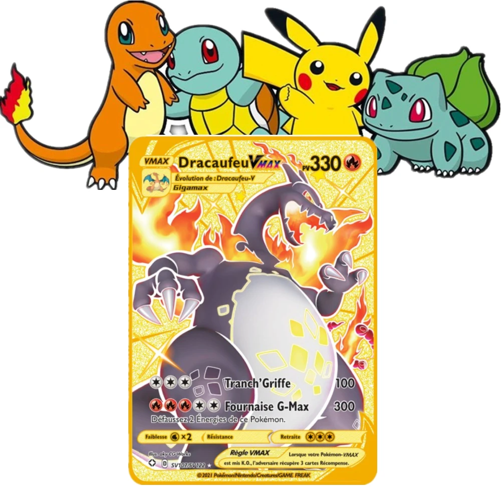 

2022 Pokemon Flash Gold Metal Card Fire-breathing Dragon Ibrahimovic Super Dream Pikachu Game Fighting Children's Toy