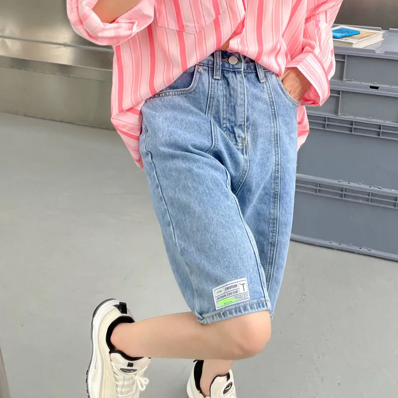 

High Waist Straight Jeans Shorts For Women Loose Blue Patch Pockets Denim Knee Length Short Pants Vintage Half Shorts P028
