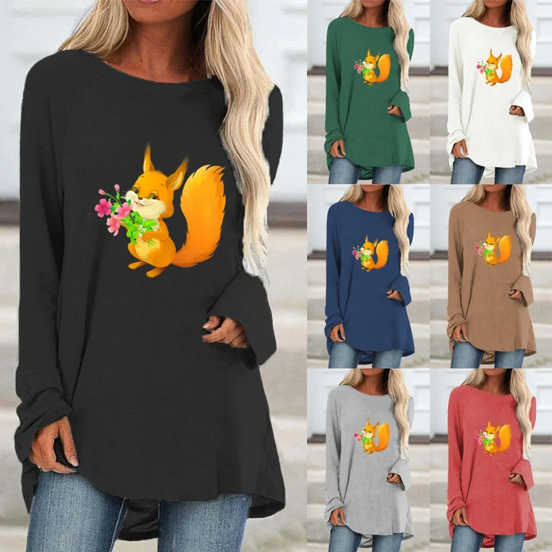

Women Casual Autumn Fashion Clothes Round Neck Long Sleeve Loose T-shirts Ladies Plus Size Cartoon Animal Printed T-shirt
