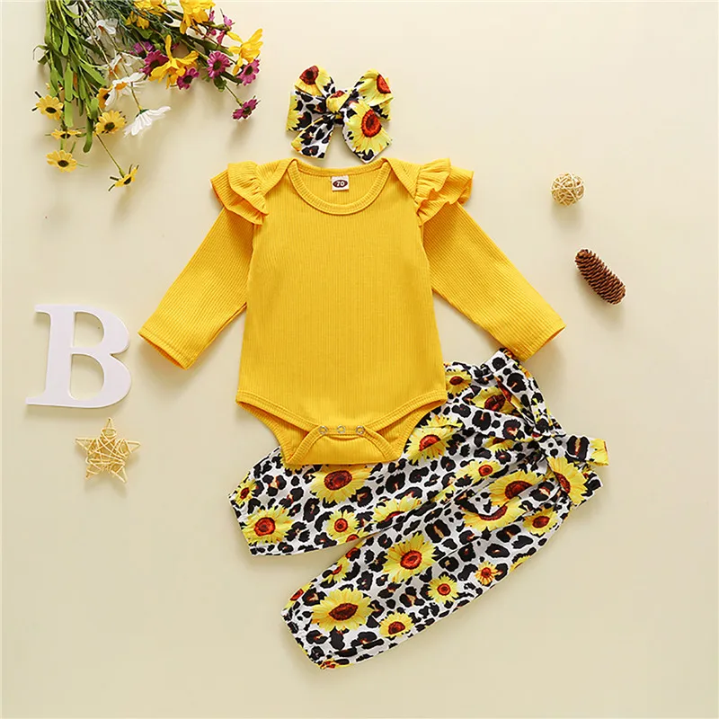 

Baby Girl Clothing Set Long Sleeve Ruffled Bodysuit Floral Pants Headwear 0-18M Newborn Infant Toddler Fall Casual Cotton Outfit