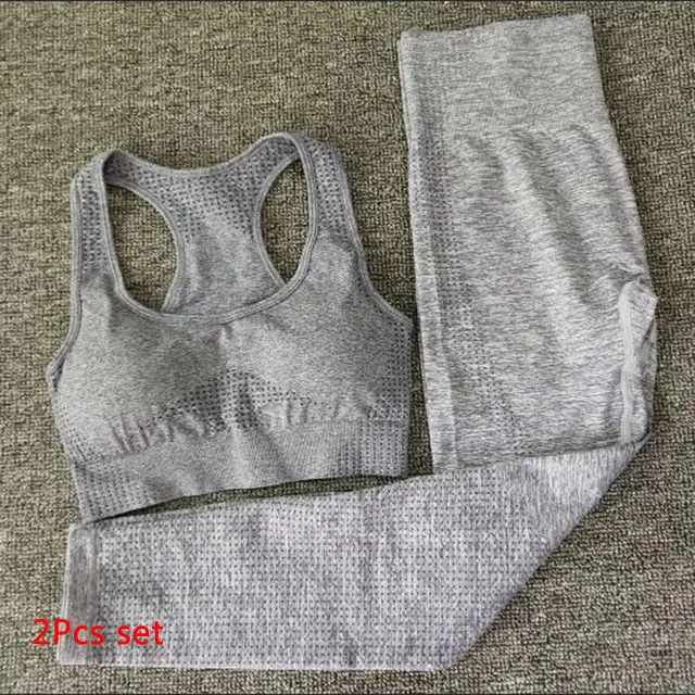 Gray 2Pcs Set 2 шт. бесшовный Набор для йоги Женская одежда для фитнеса спортивная женская спортивная одежда леггинсы для спортзала+ мягкий пуш-ап спортивный бюстгальтер спортивные костюмы для бега - Цвет: Gray 2Pcs Set
