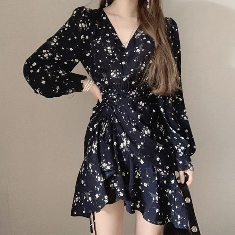 

ZAWAHIKI Floral Women Dresses V Neck Elegant Puff Sleeve Ruffles Office Ladies Korean Irregular Vestidos Korean Chic Robe Femme