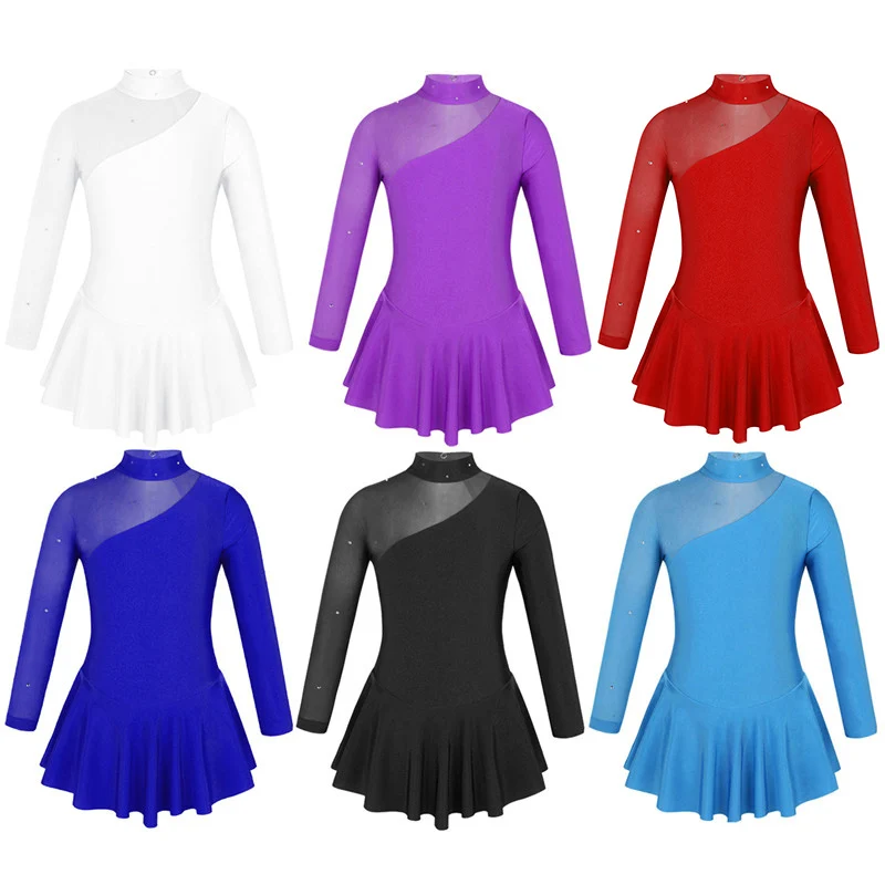 

Kids Teens Rhinestones Long Sleeve Ballet Tulle Dress Gymnastics Leotard Girls Lyrical Dance Stage Costume Figure Skating Dress