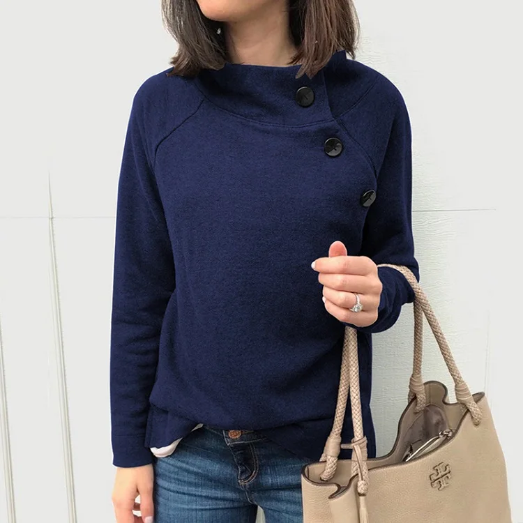 Dark Blue ELSVIOS, новинка, Осень-зима, толстовки с длинным рукавом, женские, на пуговицах, с круглым вырезом, теплый топ, пуловер, Повседневный, Одноцветный, толстовка, Harajuku - Цвет: Dark Blue