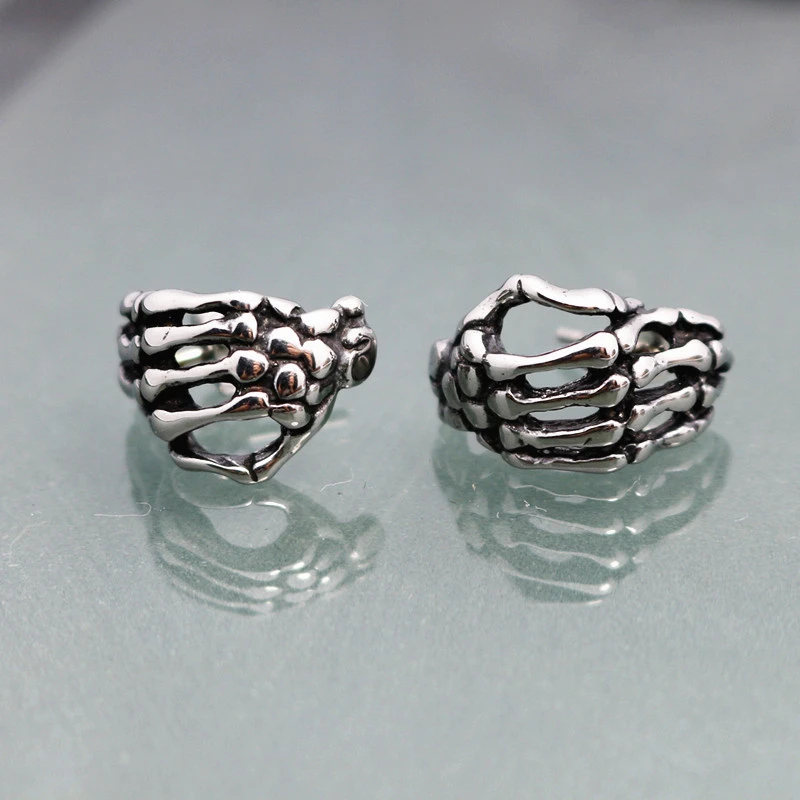 

Gothic Punk Skeleton Hand Stud Earrings For Women Pierceing Jewelry Men Wholesale Silver Color Stainless Steel Earcuffs Bijoux
