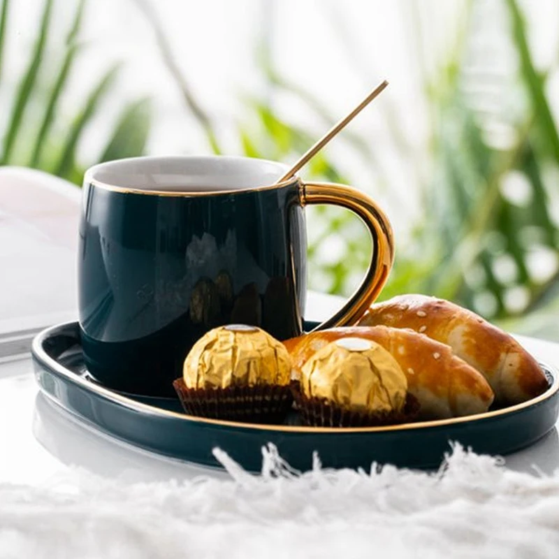 Japanese Style Luxury Ceramic Cup with Plate Creative Gold Coffee Mug Snack Dish Set Simple English Afternoon Tea Spoon | Дом и сад