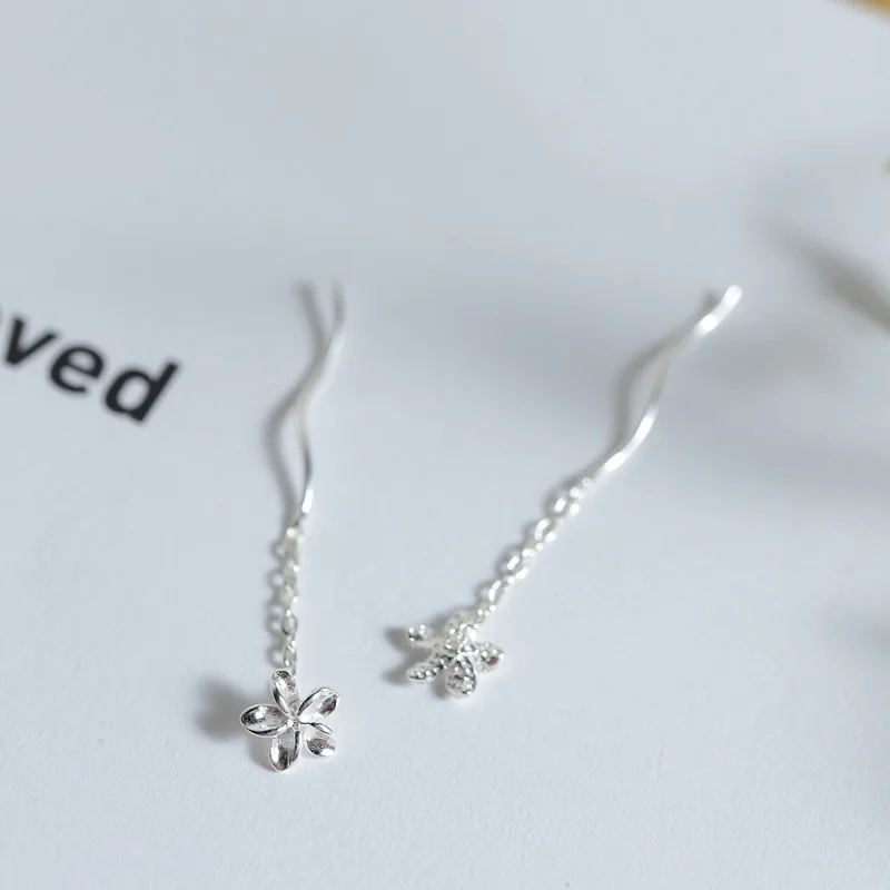 Trendy 100% 925 Sterling Silver Small Flower Ear Threads Earings Line Dangle Drop Earrings for Women Jewelry Gifts | Украшения и