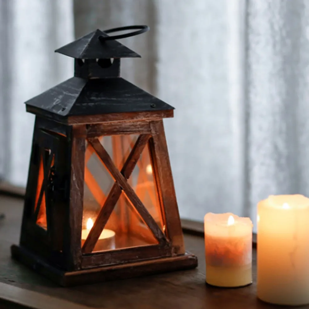 A 12.5x12.5x22cm Gray Wind Light Candle Holders Wrought Iron Candlestick Wooden Wind Light Castle Lighthouse Decor Vintage Old Charcoal Color - Цвет: A 12.5x12.5x22cm