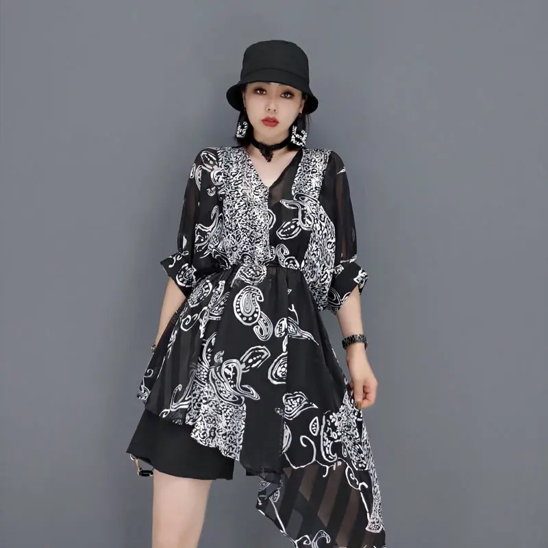 

XITAO Asymmetrical Chiffon Print Dress Loose Women Summer Fashion Folds Shrink Waist New V-neck Collar Contrast Color WMD1236