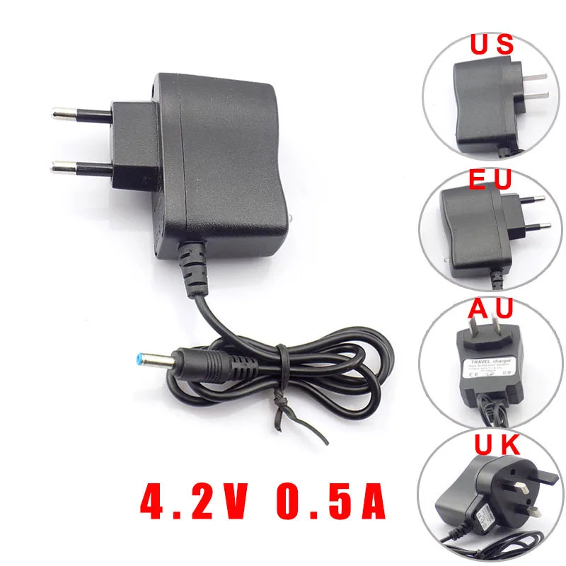 

AC 110V 220V to DC 4.2V 0.5A 500ma Power Adapter Supply for 3.7V 18650 Rechargeable Battery LED Torch US EU UK AU 3.5*1.35mm U27