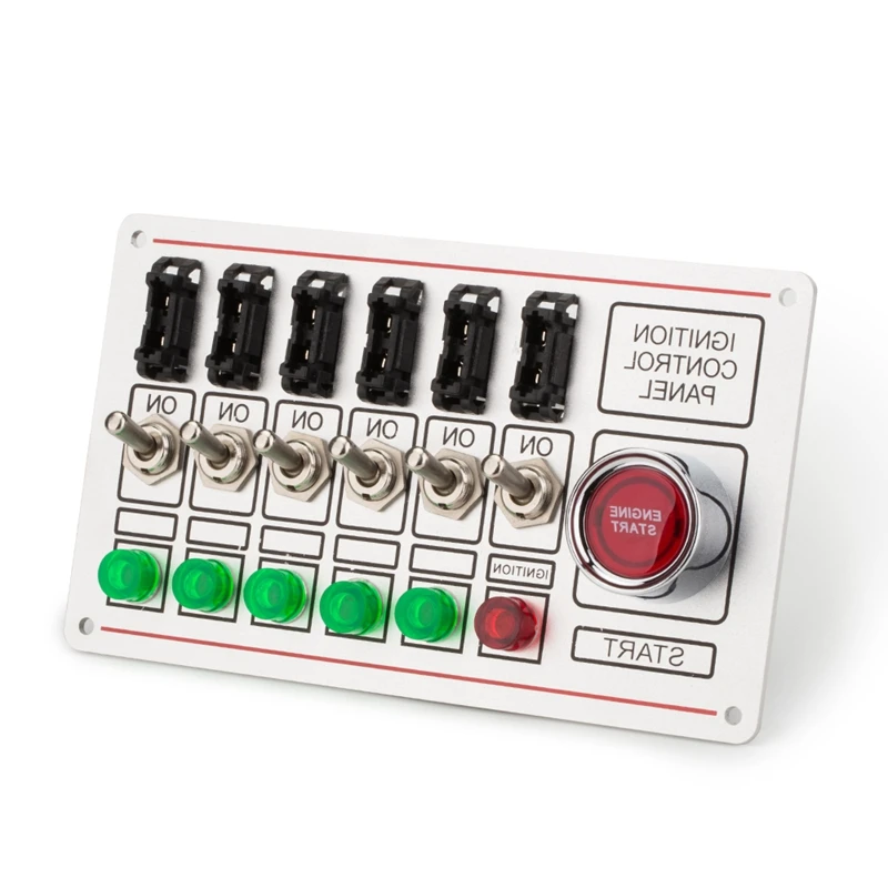 

Racing Switch Panel Race Car Ignition Accessory Engine Start, 6 Indicator Light 6 Fused Toggle Quick Off Switch 12V
