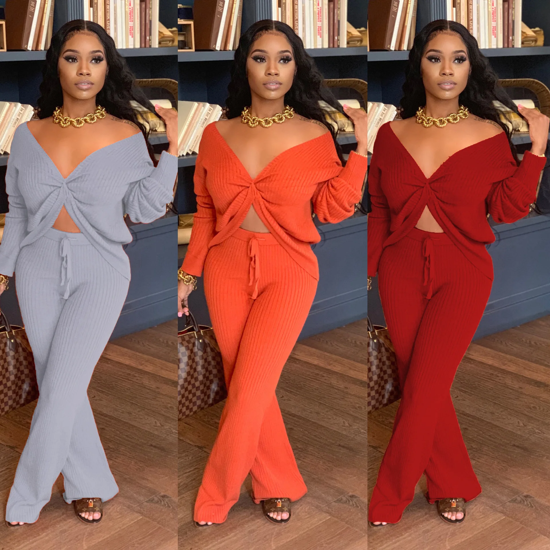 

Women's Tracksuit2021 Autumn Women's V-Neck Solid Color All-Match Tying Section Slip-Shoulder Trousers Two-Piece Suit