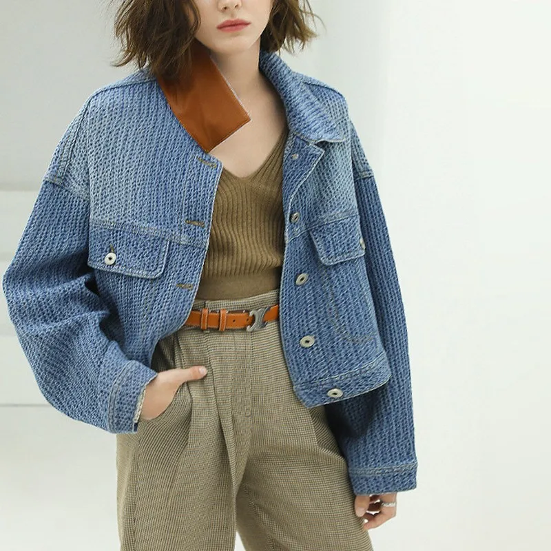 

Retro jacquard check denim jacket women, 2021NEW early autumn niche splicing all-match casual silhouette short jacket jacket