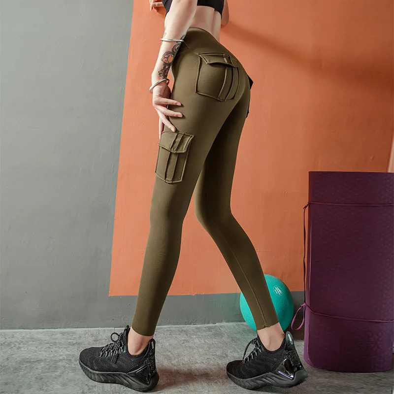 

2021 Summer Women Yoga Pants High Waist Military Style Sport Leggings Gym Slim Pocket Fit Sweatpants Outdoor Running Fitness