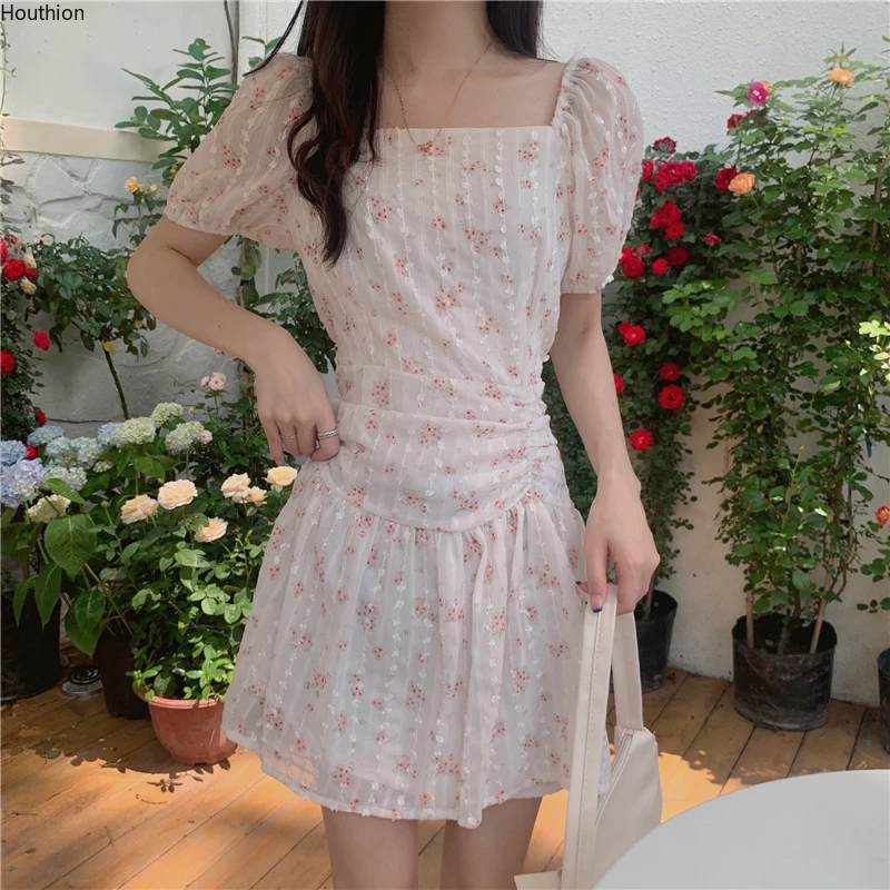 

Шифоновое свободное женское платье, Новые повседневные платья, модное платье средней длины с коротким рукавом и цветочным принтом, с квадра...