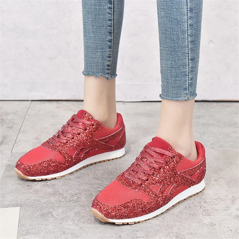 Sequin sports shoes 2020 women large size European American flat bottomed round head casual women's sneakers running | Обувь