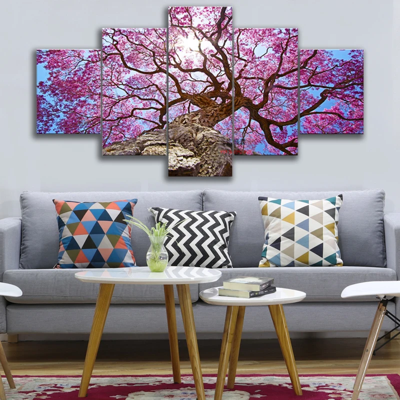 

Wall Art Paintings 5 Piece Blooming Cherry Blossom Tree Living Room HD Printed Canvas Poster Frame Home Decor Modular Pictures