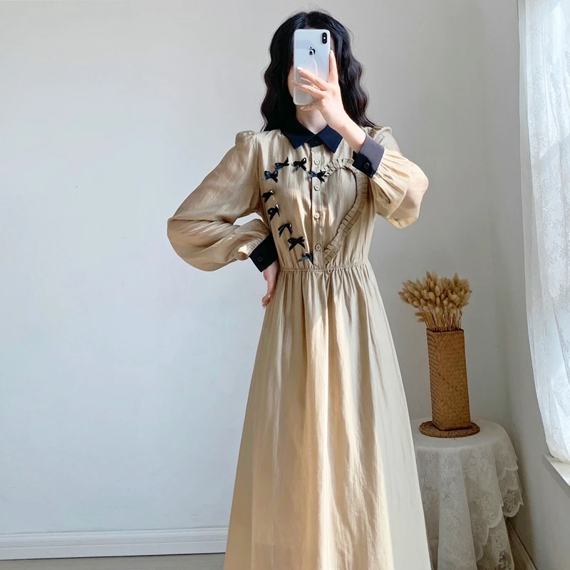 

2022 Fashion Spring Fall Stitching Fake Two Piece Lapel Single-Breasted Full Sleeve Women Slim A Line Office Party Midi Dress